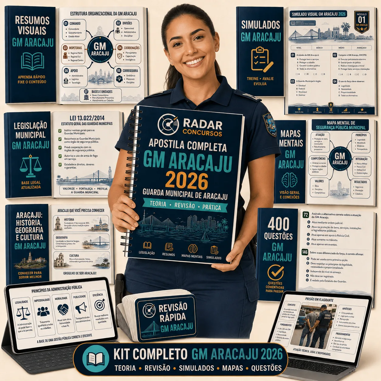 Composição dos materiais do Kit Visual GM Aracaju 2026 com mapas, resumos, cards e simulados